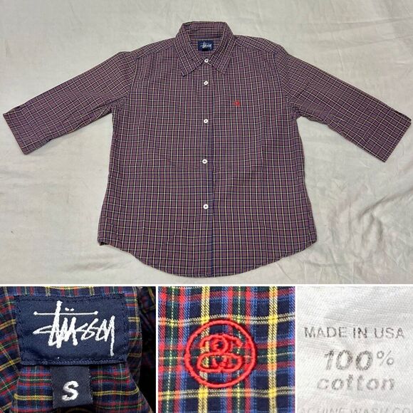 Vintage 90s Stussy USA Half-Sleeve Boxy Plaid Button-Up Shirt Women’s S Skater - Picture 1 of 8
